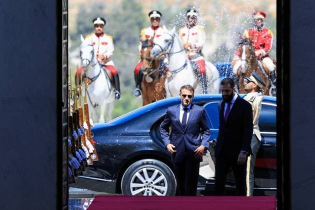 President Macron with President al-Sharaa Meeting - Damascus France s President Emmanuel Macron (L) and Syria s President Ahmed al-Sharaa arrive ahead of their meeting at the People s Palace in Damascus on July 7, 2026. Syria s President Ahmed al-Sharaa hailed France s constructive role in the transition since the toppling of longtime ruler Bashar al-Assad, as French leader Emmanuel Macron made the first post-conflict visit to Damascus by a Western European leader. Photo by Ludovic Marin Pool ABACAPRESS.COM Damascus Syria  Copyright: xMarinxLudovic Pool ABACAx