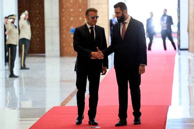 President Macron with President al-Sharaa Meeting - Damascus France s President Emmanuel Macron (L) and Syria s President Ahmed al-Sharaa arrive ahead of their meeting at the People s Palace in Damascus on July 7, 2026. Syria s President Ahmed al-Sharaa hailed France s constructive role in the transition since the toppling of longtime ruler Bashar al-Assad, as French leader Emmanuel Macron made the first post-conflict visit to Damascus by a Western European leader. Photo by Ludovic Marin Pool ABACAPRESS.COM Damascus Syria  Copyright: xMarinxLudovic Pool ABACAx
