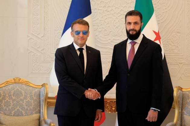 President Macron with President al-Sharaa Meeting - Damascus Syria s President Ahmed al-Sharaa (R) shakes hands with France s President Emmanuel Macron ahead of their meeting at the People s Palace in Damascus on July 7, 2026. Syria s President Ahmed al-Sharaa hailed France s constructive role in the transition since the toppling of longtime ruler Bashar al-Assad, as French leader Emmanuel Macron made the first post-conflict visit to Damascus by a Western European leader. Photo by Ludovic Marin Pool ABACAPRESS.COM Damascus Syria  Copyright: xMarinxLudovic Pool ABACAx