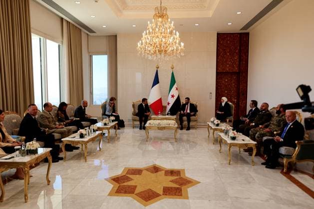 President Macron with President al-Sharaa Meeting - Damascus France s President Emmanuel Macron (L) and Syria s President Ahmed al-Sharaa attend a meeting at the People s Palace in Damascus on July 7, 2026. Syria s President Ahmed al-Sharaa hailed France s constructive role in the transition since the toppling of longtime ruler Bashar al-Assad, as French leader Emmanuel Macron made the first post-conflict visit to Damascus by a Western European leader. Photo by Ludovic Marin Pool ABACAPRESS.COM Damascus Syria  Copyright: xMarinxLudovic Pool ABACAx