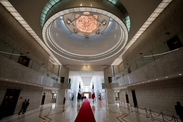 President Macron with President al-Sharaa Meeting - Damascus This photograph shows a general view of the Syrian presidential People s Palace ahead of France s President s and Syria s President s meeting in Damascus on July 7, 2026. Syria s President Ahmed al-Sharaa hailed France s constructive role in the transition since the toppling of longtime ruler Bashar al-Assad, as French leader Emmanuel Macron made the first post-conflict visit to Damascus by a Western European leader. Photo by Ludovic Marin Pool ABACAPRESS.COM Damascus Syria  Copyright: xMarinxLudovic Pool ABACAx