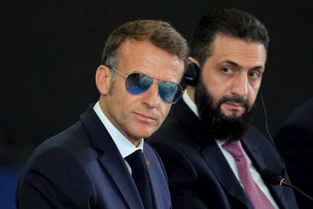 President Macron Visits Syria - Economic Forum France s President Emmanuel Macron (L) and Syria s President Ahmed al-Sharaa take part in the Economic forum focusing on the reconstruction of Syria and strategic corridors, in Damascus on July 7, 2026. Syria s President Ahmed al-Sharaa hailed France s constructive role in the transition since the toppling of longtime ruler Bashar al-Assad, as French leader Emmanuel Macron made the first post-conflict visit to Damascus by a Western European leader. Photo by Ludovic Marin Pool ABACAPRESS.COM Damascus Syria  Copyright: xMarinxLudovic Pool ABACAx
