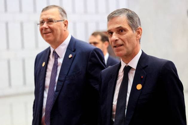 President Macron Visits Syria - Economic Forum Members of France s presidential delegation, TotalEnergies CEO Patrick Pouyanne (L) and CMA CGM Group Chairman and CEO Rodolphe Saade arrive at the Syrian presidential People s Palace ahead of France s President s and Syria s President s meeting in Damascus on July 7, 2026. Syria s President Ahmed al-Sharaa hailed France s constructive role in the transition since the toppling of longtime ruler Bashar al-Assad, as French leader Emmanuel Macron made the first post-conflict visit to Damascus by a Western European leader. Photo by Ludovic Marin Pool ABACAPRESS.COM Damascus Syria  Copyright: xMarinxLudovic Pool ABACAx