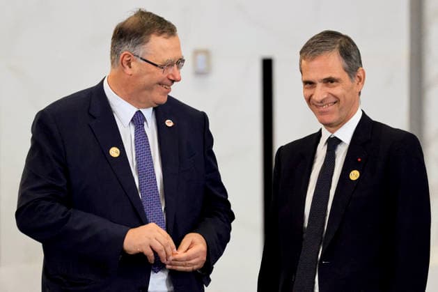 President Macron Visits Syria - Economic Forum Members of France s presidential delegation, TotalEnergies CEO Patrick Pouyanne (L) and CMA CGM Group Chairman and CEO Rodolphe Saade talk as they arrive to take part in the Economic forum focusing on the reconstruction of Syria and strategic corridors, in Damascus on July 7, 2026. French President Emmanuel Macron arrived in Damascus on July 6, 2026 for the first visit by a Western European head of state since Syria s new authorities took power in 2024, an AFP journalist said. Macron, who will depart on July 7, 2026, will advocate for a free, pluralist Syria that respects each of its components and plays a role in moderating Middle East tensions, the French presidency told journalists ahead o  Copyright: xMarinxLudovic Pool ABACAx