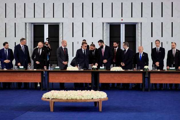 President Macron Visits Syria - Economic Forum France s Foreign Affairs Minister Jean-Noel Barrot (4th L), France s President Emmanuel Macron (centre-L) and Syria s President Ahmed al-Sharaa (centre-R) arrive to take part in the Economic forum focusing on the reconstruction of Syria and strategic corridors, in Damascus on July 7, 2026. Syria s President Ahmed al-Sharaa hailed France s constructive role in the transition since the toppling of longtime ruler Bashar al-Assad, as French leader Emmanuel Macron made the first post-conflict visit to Damascus by a Western European leader. Photo by Ludovic Marin Pool ABACAPRESS.COM Damascus Syria  Copyright: xMarinxLudovic Pool ABACAx
