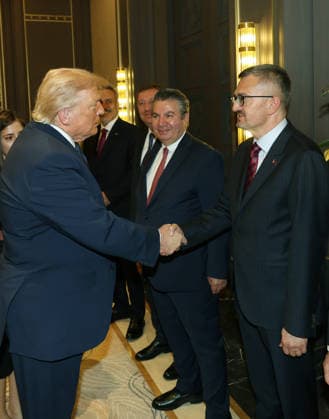 US President Donald Trump arrives in Ankara for NATO Summit ANKARA, TURKIYE - JULY 07: (----EDITORIAL USE ONLY MANDATORY CREDIT - TURKISH PRESIDENCY MUSTAFA KAMACI HANDOUT - NO MARKETING NO ADVERTISING CAMPAIGNS - DISTRIBUTED AS A SERVICE TO CLIENTS----) Head of Communications of the Presidency of Turkiye, Burhanettin Duran (R) shakes hands with US President Donald Trump (L), who is paying an official visit to Turkiye for the 36th NATO Heads of State and Government Summit, at Ankara Airport in Ankara, Turkiye, on July 07, 2026. Turkish President Recep Tayyip Erdogan (not seen) welcomed US President Donald Trump. TUR Presidency Mustafa Kamaci Handout Anadolu Ankara Turkey. Editorial use only. Please get in touch for any other usa  Copyright: x2026xAnadoluxTURxPresidencyx xMustafaxKamacix xHandoutx
