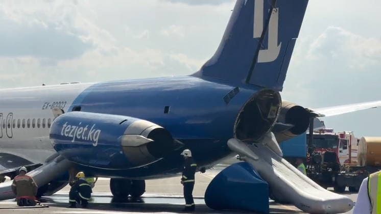 KYRGYZSTAN, BISHKEK - JULY 7, 2026: A view of a TezJet aircraft that made an emergency landing at Manas International Airport after completing a domestic flight from Manas. Video grab. Best quality available. Kyrgyzstan Airports TASS  94784359