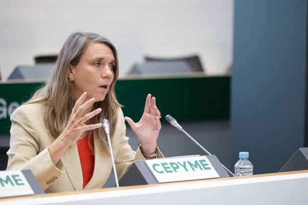 CEPYME General Assembly in Madrid: CEPYME President Ángela de Miguel, and CEOE President Antonio Garamendi, during the General Assembly of the Spanish Confederation of Small and Medium-Sized Enterprises (CEPYME) on July 7, 2026, in Madrid, Spain. This corporate meeting brings together industry leaders to establish strategic priorities in response to fiscal challenges, social dialogue, and the competitiveness of SMEs. JULY 7, 2026 Jesús Hellí Madrid, Spain  Copyright: xJesusxHellinx 7651595