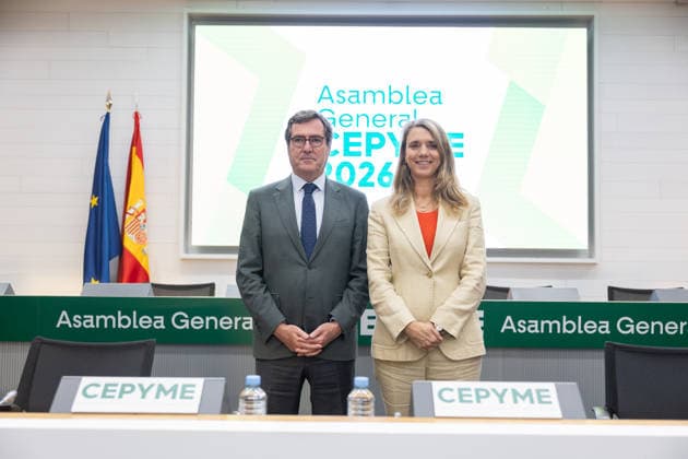 CEPYME General Assembly in Madrid: CEPYME President Ángela de Miguel, and CEOE President Antonio Garamendi, during the General Assembly of the Spanish Confederation of Small and Medium-Sized Enterprises (CEPYME) on July 7, 2026, in Madrid, Spain. This corporate meeting brings together industry leaders to establish strategic priorities in response to fiscal challenges, social dialogue, and the competitiveness of SMEs. JULY 7, 2026 Jesús Hellí Madrid, Spain  Copyright: xJesusxHellinx 7651601