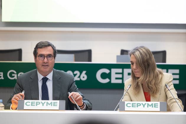 CEPYME General Assembly in Madrid: CEPYME President Ángela de Miguel, and CEOE President Antonio Garamendi, during the General Assembly of the Spanish Confederation of Small and Medium-Sized Enterprises (CEPYME) on July 7, 2026, in Madrid, Spain. This corporate meeting brings together industry leaders to establish strategic priorities in response to fiscal challenges, social dialogue, and the competitiveness of SMEs. JULY 7, 2026 Jesús Hellí Madrid, Spain  Copyright: xJesusxHellinx 7651596