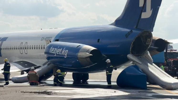 KYRGYZSTAN, BISHKEK - JULY 7, 2026: A view of a TezJet aircraft that made an emergency landing at Manas International Airport after completing a domestic flight from Manas. Video grab. Best quality available Bishkek Kyrgyzstan  - ZUMAt113 20260707_zaa_t113_254 Copyright: xKyrgyzstanxAirportsx