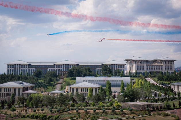Turkish President Recep Tayyip Erdogan welcomes US President Donald Trump in Ankara ANKARA, TURKIYE - JULY 07: Turkish Stars, the aerobatic demonstration team of the Turkish Air Force, conduct a salute flight in the skies over the Turkish Presidential Complex where Turkish President Recep Tayyip Erdogan welcomes U.S. President Donald Trump, who arrived in Turkiye for an official visit ahead of the 36th NATO Summit of Heads of State and Government, in Ankara, Turkiye, on July 07, 2026. Ahmet Serdar Eser Anadolu Ankara Turkey. Editorial use only. Please get in touch for any other usage.  Copyright: x2026xAnadoluxAhmetxSerdarxEserx