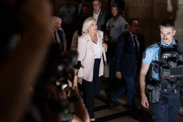 Paris, France, July 7, 2026 - President of Rassemblement National parliamentary group Marine Le Pen leaves after the verdict in the appeal trial of RN former or actual members on charges of embezzlement of European public funds in a case of alleged European Parliament fake jobs at Paris Court of Appeal. An appeals court on July 7, 2026, handed France s far right chief Marine Le Pen a one year term with an ankle tag over a fake jobs scam in the European parliament, casting doubt on whether she will run for president next April. The court also prevented her from running for office for 15 months, a ban expected to have expired this year.  Copyright: xAlexisxSciardx