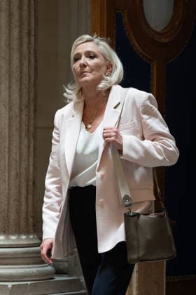 Paris, France, July 7, 2026 - President of Rassemblement National parliamentary group Marine Le Pen leaves after the verdict in the appeal trial of RN former or actual members on charges of embezzlement of European public funds in a case of alleged European Parliament fake jobs at Paris Court of Appeal. An appeals court on July 7, 2026, handed France s far right chief Marine Le Pen a one year term with an ankle tag over a fake jobs scam in the European parliament, casting doubt on whether she will run for president next April. The court also prevented her from running for office for 15 months, a ban expected to have expired this year.  Copyright: xAlexisxSciardx