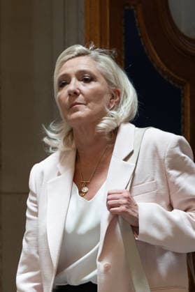 Paris, France, July 7, 2026 - President of Rassemblement National parliamentary group Marine Le Pen leaves after the verdict in the appeal trial of RN former or actual members on charges of embezzlement of European public funds in a case of alleged European Parliament fake jobs at Paris Court of Appeal. An appeals court on July 7, 2026, handed France s far right chief Marine Le Pen a one year term with an ankle tag over a fake jobs scam in the European parliament, casting doubt on whether she will run for president next April. The court also prevented her from running for office for 15 months, a ban expected to have expired this year.  Copyright: xAlexisxSciardx