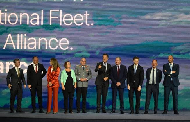 NATO Secretary General Mark Rutte, center, poses with Sweden s Defense Minister Pal Jonson, left, Norway s Defense Minister Tore Sandvik, second left, Belgium s Defense Minister Theo Francken, right, and other NATO defense ministers and industry representatives during the NATO Defense Industry Forum at the NATO summit in Ankara, Turkey, Tuesday, July 7, 2026. ( Copyright: DepoxPhotos 19155604