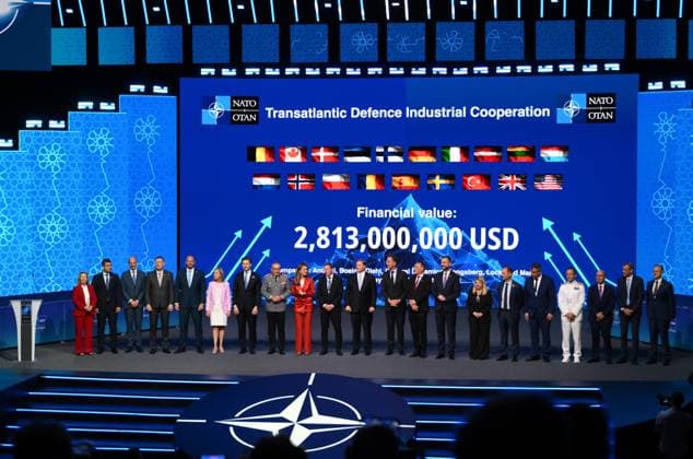 NATO Secretary General Mark Rutte, center, poses with NATO defense ministers and defense industry representatives during the NATO Defense Industry Forum at the NATO summit in Ankara, Turkey, Tuesday, July 7, 2026. ( Copyright: DepoxPhotos 19155614
