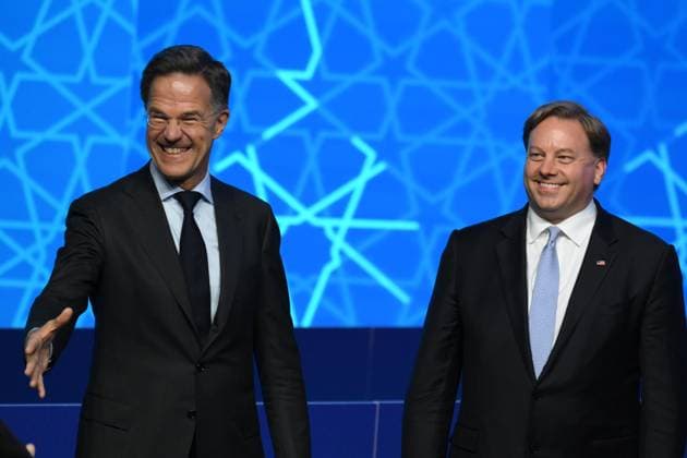 NATO Secretary General Mark Rutte, left, speaks with U.S. Under Secretary of Defense for Acquisition and Sustainment Michael Duffey during the NATO Defense Industry Forum at the NATO summit in Ankara, Turkey, Tuesday, July 7, 2026. ( Copyright: DepoxPhotos 19155642