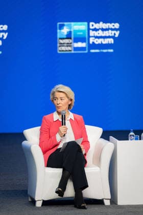 Ursula von der Leyen and Mark Rutte during NATO Summit - Ankara AJ European Commission President Ursula von der Leyen speaks during the Defence Industry Forum at the 36th NATO (OTAN) Heads of State and Government Summit in Ankara, Turkiye on July 7, 2026. Photo by Alexis Jumeau ABACAPRESS.COM. Ankara  Copyright: xJumeauxAlexis ABACAx