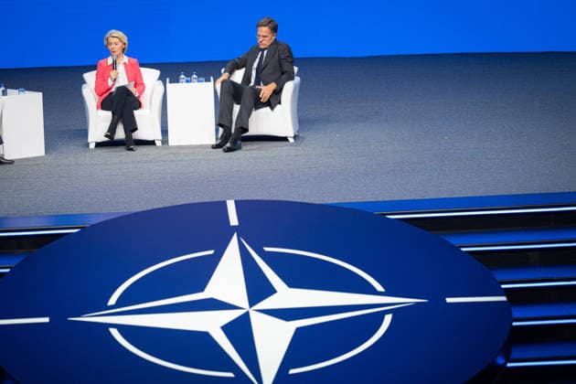 Ursula von der Leyen and Mark Rutte during NATO Summit - Ankara AJ European Commission President Ursula von der Leyen and NATO Secretary General Mark Rutte speaks during the Defence Industry Forum at the 36th NATO (OTAN) Heads of State and Government Summit in Ankara, Turkiye on July 7, 2026. Photo by Alexis Jumeau ABACAPRESS.COM. Ankara  Copyright: xJumeauxAlexis ABACAx