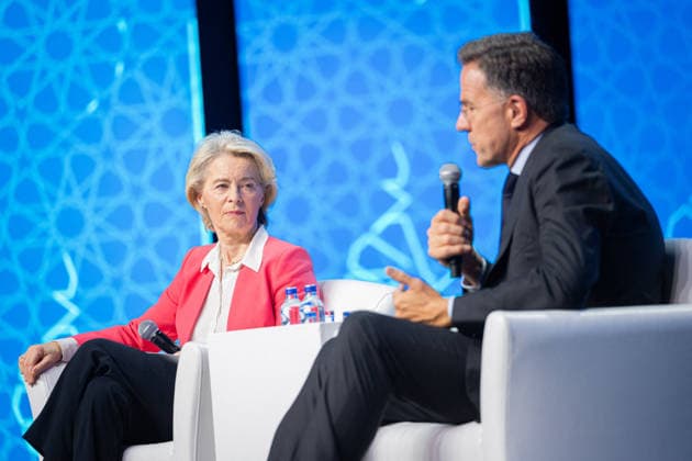 Ursula von der Leyen and Mark Rutte during NATO Summit - Ankara AJ European Commission President Ursula von der Leyen and NATO Secretary General Mark Rutte speaks during the Defence Industry Forum at the 36th NATO (OTAN) Heads of State and Government Summit in Ankara, Turkiye on July 7, 2026. Photo by Alexis Jumeau ABACAPRESS.COM. Ankara  Copyright: xJumeauxAlexis ABACAx