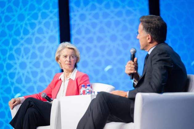 Ursula von der Leyen and Mark Rutte during NATO Summit - Ankara AJ European Commission President Ursula von der Leyen and NATO Secretary General Mark Rutte speaks during the Defence Industry Forum at the 36th NATO (OTAN) Heads of State and Government Summit in Ankara, Turkiye on July 7, 2026. Photo by Alexis Jumeau ABACAPRESS.COM. Ankara  Copyright: xJumeauxAlexis ABACAx