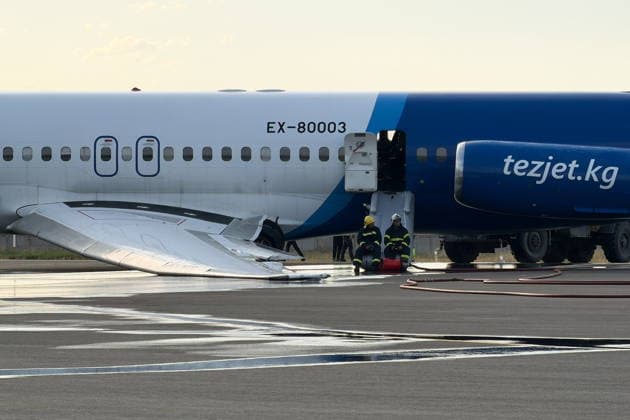 KYRGYZSTAN, BISHKEK - JULY 7, 2026: A view of a TezJet aircraft that made an emergency landing during takeoff at Manas International Airport. Kyrgyzstan Airports TASS  94785918