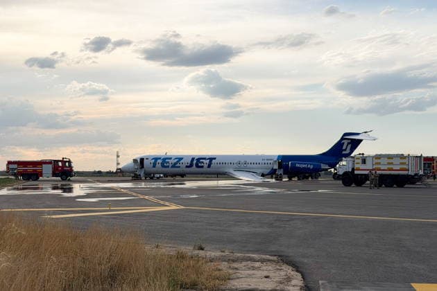 KYRGYZSTAN, BISHKEK - JULY 7, 2026: A view of a TezJet aircraft that made an emergency landing during takeoff at Manas International Airport. Kyrgyzstan Airports TASS  94785921