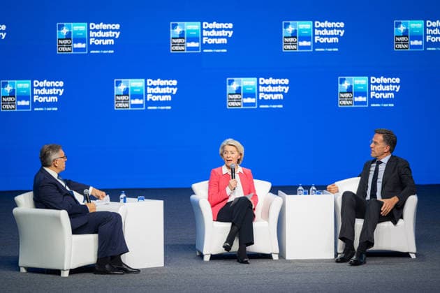 Ursula von der Leyen and Mark Rutte during NATO Summit - Ankara AJ European Commission President Ursula von der Leyen and NATO Secretary General Mark Rutte speaks during the Defence Industry Forum at the 36th NATO (OTAN) Heads of State and Government Summit in Ankara, Turkiye on July 7, 2026. Photo by Alexis Jumeau ABACAPRESS.COM. Ankara  Copyright: xJumeauxAlexis ABACAx