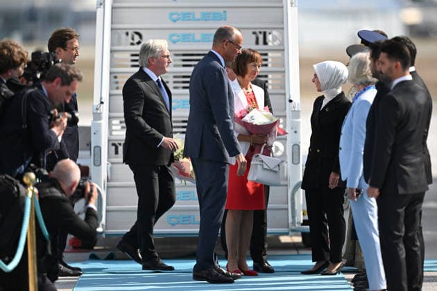 German Chancellor Friedrich Merz arrives Ankara for 36th NATO Summit ANKARA, TURKIYE - JULY 7: German Chancellor Friedrich Merz and his wife Charlotte Merz are welcomed by Turkish Family and Social Services Minister Mahinur Ozdemir Goktas after arriving at Ankara Airport for the 36th NATO Summit in Ankara, Turkiye on July 7, 2026. Muhammed Abdullah Kurtar Anadolu Ankara Turkey. Editorial use only. Please get in touch for any other usage.  Copyright: x2026xAnadoluxMuhammedxAbdullahxKurtarx