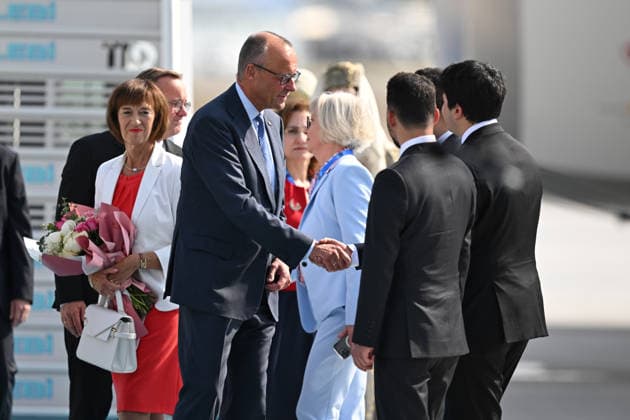 German Chancellor Friedrich Merz arrives Ankara for 36th NATO Summit ANKARA, TURKIYE - JULY 7: German Chancellor Friedrich Merz and his wife Charlotte Merz are welcomed after arriving at Ankara Airport for the 36th NATO Summit in Ankara, Turkiye on July 7, 2026. Muhammed Abdullah Kurtar Anadolu Ankara Turkey. Editorial use only. Please get in touch for any other usage.  Copyright: x2026xAnadoluxMuhammedxAbdullahxKurtarx