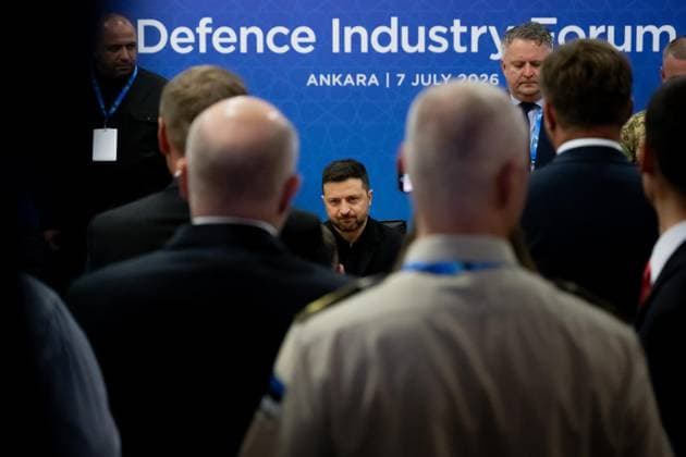 Ukrainian President Zelensky holds talks in Ankara ANKARA, TURKIYE - JULY 7: Ukrainian President Volodymyr Zelensky (C) holds separate meetings with Canadian Prime Minister Mark Carney, Estonian Prime Minister Kristen Michal, Finnish President Alexander Stubb and Dutch Prime Minister Rob Jetten during the Defence Industry Forum held at ATO Congresium on the sidelines of the 36th NATO Heads of State and Government Summit in Ankara, Turkiye, on July 7, 2026. Harun Ozalp Anadolu Ankara Turkey. Editorial use only. Please get in touch for any other usage.  Copyright: x2026xAnadoluxHarunxOzalpx