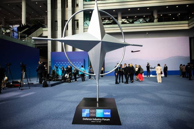 July 7, 2026, Ankara, Turkey: NATO symbol is seen at the Defence Industry Forum building during the 2026 NATO Ankara Summit in Ankara, Turkiye, on July 7th, 2026 Ankara Turkey - ZUMAz156 20260707_zip_z156_017 Copyright: xBeataxZawrzelx
