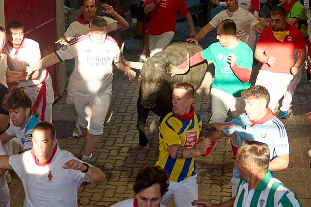 San Fermin Bullship in Pamplona, Spain - 07 Jul 2026 Runners run in front of the bulls from Miura ranch through the streets, during the San Fermín 2025 festival. Pamplona Spain Copyright: xFernandoxPidalx xSOPAxImagesx encierro61969