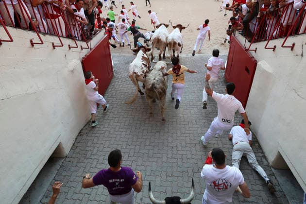 San Fermin Bullship in Pamplona, Spain - 07 Jul 2026 Runners run in front of the bulls from Miura ranch, seen entering the stadium, during the San Fermín 2025 festival. Pamplona Spain Copyright: xFernandoxPidalx xSOPAxImagesx encierro62150
