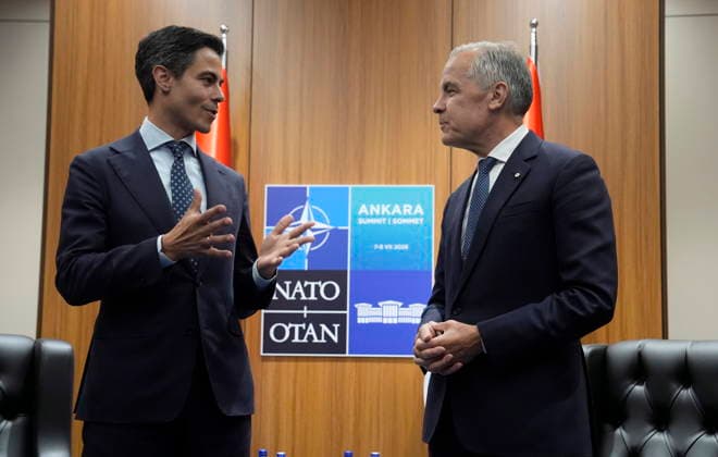 July 7, 2026, Ankara, Turkey: Prime Minister Mark Carney, right, meets with Netherlands Prime Minister Rob Jetten at the NATO summit in Ankara, Turkey, Tuesday, July 7, 2026. Ankara Turkey  - ZUMAc35_ 20260707_zaf_c35_033 Copyright: xAdrianxWyldx