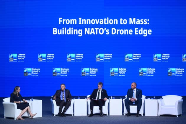 NATO Ankara Summit ANKARA, TURKIYE - JULY 7: UK Defense Minister Dan Jarvis (2nd R), Belgian Defense Minister Theo Francken (R) and Baykar General Manager Haluk Bayraktar (2nd L) attend the Defense Industry Forum held within the scope of the 36th NATO Heads of State and Government Summit in Ankara, Turkiye, on July 7, 2026. Akin Celiktas Anadolu Ankara Turkey. Editorial use only. Please get in touch for any other usage.  Copyright: x2026xAnadoluxAkinxCeliktasx