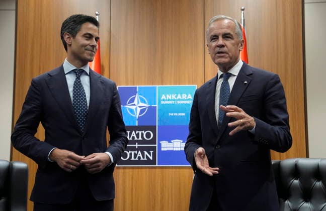 July 7, 2026, Ankara, Turkey: Prime Minister Mark Carney, right, meets with Netherlands Prime Minister Rob Jetten at the NATO summit in Ankara, Turkey, Tuesday, July 7, 2026. Ankara Turkey  - ZUMAc35_ 20260707_zaf_c35_031 Copyright: xAdrianxWyldx
