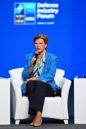 Defense Industry Forum at 36th NATO Summit in Ankara ANKARA, TURKIYE - JULY 7: Latvian Foreign Minister Baiba Braze delivers a speech during the Defense Industry Forum as part of the 36th NATO Summit of Heads of State and Government in Ankara, Turkiye on July 7, 2026. Akin Celiktas Anadolu Ankara Turkey. Editorial use only. Please get in touch for any other usage.  Copyright: x2026xAnadoluxAkinxCeliktasx
