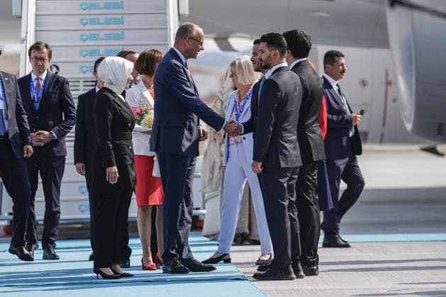 German Chancellor Friedrich Merz arrives Ankara for 36th NATO Summit ANKARA, TURKIYE - JULY 7: German Chancellor Friedrich Merz is welcomed by Turkish Family and Social Services Minister Mahinur Ozdemir Goktas after arriving at Ankara Airport for the 36th NATO Summit in Ankara, Turkiye on July 7, 2026. Osmancan Gurdogan Anadolu Ankara Turkey. Editorial use only. Please get in touch for any other usage.  Copyright: x2026xAnadoluxOsmancanxGurdoganx