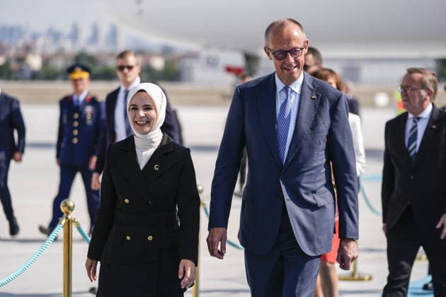German Chancellor Friedrich Merz arrives Ankara for 36th NATO Summit ANKARA, TURKIYE - JULY 7: German Chancellor Friedrich Merz is welcomed by Turkish Family and Social Services Minister Mahinur Ozdemir Goktas after arriving at Ankara Airport for the 36th NATO Summit in Ankara, Turkiye on July 7, 2026. Osmancan Gurdogan Anadolu Ankara Turkey. Editorial use only. Please get in touch for any other usage.  Copyright: x2026xAnadoluxOsmancanxGurdoganx