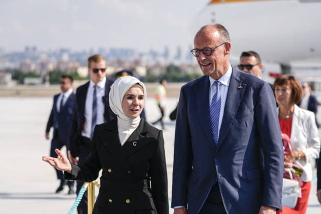 German Chancellor Friedrich Merz arrives Ankara for 36th NATO Summit ANKARA, TURKIYE - JULY 7: German Chancellor Friedrich Merz is welcomed by Turkish Family and Social Services Minister Mahinur Ozdemir Goktas after arriving at Ankara Airport for the 36th NATO Summit in Ankara, Turkiye on July 7, 2026. Osmancan Gurdogan Anadolu Ankara Turkey. Editorial use only. Please get in touch for any other usage.  Copyright: x2026xAnadoluxOsmancanxGurdoganx