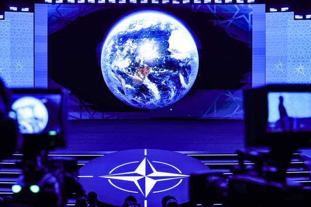 July 7, 2026, Ankara, Turkiye, Turkiye: An image of Earth is projected on screen above the NATO logo during the Space and Surveillance segment of the NATO Summit Defence Industry Forum in Ankara. As technology develops rapidly and space activity accelerates, questions around access, security, governance and regulation have become increasingly prominent amid ongoing conflicts. Ankara Turkiye - ZUMAo116 20260707_znp_o116_004 Copyright: xBiancaxOterox
