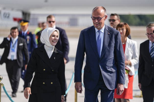 German Chancellor Friedrich Merz arrives Ankara for 36th NATO Summit ANKARA, TURKIYE - JULY 7: German Chancellor Friedrich Merz is welcomed by Turkish Family and Social Services Minister Mahinur Ozdemir Goktas after arriving at Ankara Airport for the 36th NATO Summit in Ankara, Turkiye on July 7, 2026. Osmancan Gurdogan Anadolu Ankara Turkey. Editorial use only. Please get in touch for any other usage.  Copyright: x2026xAnadoluxOsmancanxGurdoganx