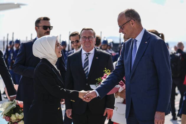 German Chancellor Friedrich Merz arrives Ankara for 36th NATO Summit ANKARA, TURKIYE - JULY 7: German Chancellor Friedrich Merz is welcomed by Turkish Family and Social Services Minister Mahinur Ozdemir Goktas after arriving at Ankara Airport for the 36th NATO Summit in Ankara, Turkiye on July 7, 2026. Osmancan Gurdogan Anadolu Ankara Turkey. Editorial use only. Please get in touch for any other usage.  Copyright: x2026xAnadoluxOsmancanxGurdoganx