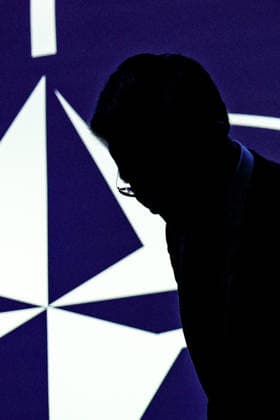 July 7, 2026, Ankara, Turkiye, Turkiye: Silhouette of NATO Secretary General MARK RUTTE, against a backdrop of the NATO logo during the NATO Summit Defence Industry Forum in Ankara. The Forum brought together Allied officials and defence-industry leaders to focus on scaling production, investment, innovation and joint procurement as NATO works towards its 5 percent defence and security investment commitment. Ankara Turkiye  - ZUMAo116 20260707_znp_o116_006 Copyright: xBiancaxOterox