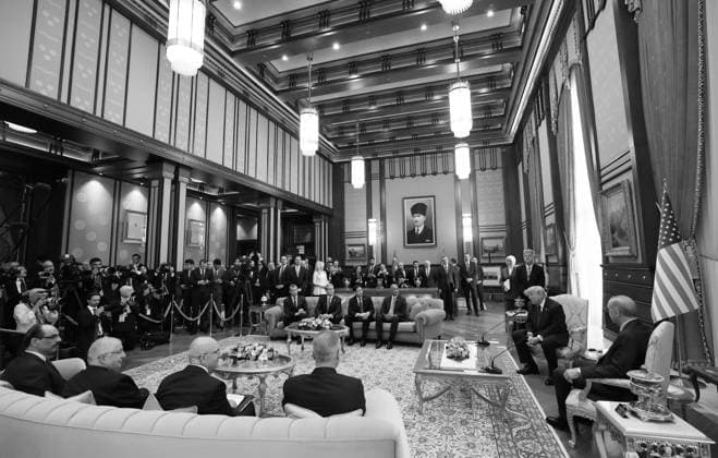Turkish President Erdogan welcomes US President Trump in Ankara ANKARA, TURKIYE - JULY 7: (----EDITORIAL USE ONLY MANDATORY CREDIT - TURKISH PRESIDENCY MURAT CETINMUHURDAR HANDOUT - NO MARKETING NO ADVERTISING CAMPAIGNS - DISTRIBUTED AS A SERVICE TO CLIENTS----) (EDITOR S NOTE: Image has been converted to black and white.) Turkish President Recep Tayyip Erdogan (R) and US President Donald Trump (2nd R) speak to press after their meeting at the Presidential Complex ahead of the 36th NATO Summit of Heads of State and Government in Ankara, Turkiye on July 7, 2026. Turkish Presidency Murat Cetinmuhurdar Handout Anadolu Ankara Turkey. Editorial use only. Please get in touch for any other usage.  Copyright: x2026xAnadoluxTurkishxPresidencyx xMuratxCetinmuhurdarx xHandoutx