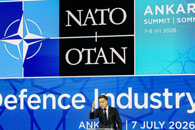 July 7, 2026, Ankara, Turkiye, Turkiye: NATO Secretary General MARK RUTTE, raises hand while speaking onstage with the background screen projecting the NATO logo in the background at the beginning of the NATO Summit Defence Industry Forum in Ankara. The Forum brought together Allied officials and defence-industry leaders to focus on scaling production, investment, innovation and joint procurement as NATO works towards its 5 percent defence and security investment commitment. Ankara Turkiye - ZUMAo116 20260707_znp_o116_014 Copyright: xBiancaxOterox