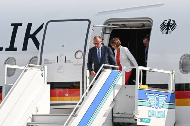 German Chancellor Friedrich Merz arrives Ankara for 36th NATO Summit ANKARA, TURKIYE - JULY 07: German Chancellor Friedrich Merz and his wife Charlotte Merz arrive at Ankara Airport ahead of the 36th NATO Summit in Ankara, Turkiye, on July 7, 2026. Abdullah Guclu Anadolu Ankara Turkey. Editorial use only. Please get in touch for any other usage.  Copyright: x2026xAnadoluxAbdullahxGuclux