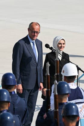 German Chancellor Friedrich Merz arrives Ankara for 36th NATO Summit ANKARA, TURKIYE - JULY 07: German Chancellor Friedrich Merz and his wife Charlotte Merz arrive at Ankara Airport ahead of the 36th NATO Summit in Ankara, Turkiye, on July 7, 2026. Turkish Minister of Family and Social Services Mahinur Ozdemir Goktas welcomes Chancellor Merz upon his arrival at the airport. Abdullah Guclu Anadolu Ankara Turkey. Editorial use only. Please get in touch for any other usage.  Copyright: x2026xAnadoluxAbdullahxGuclux